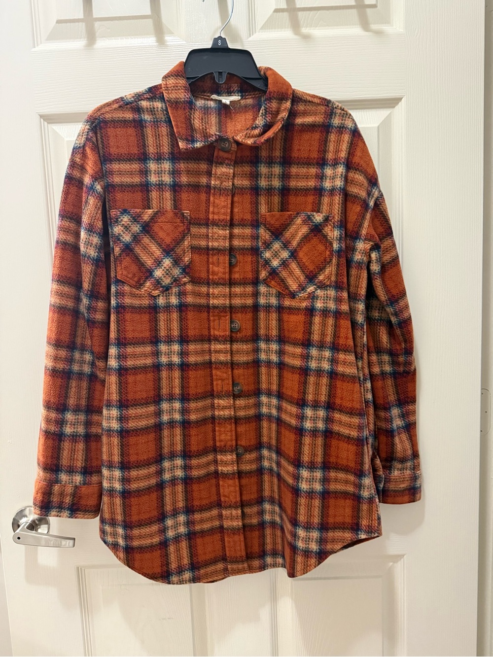 Maurices Orange and Navy Plaid Button-Up Shacket